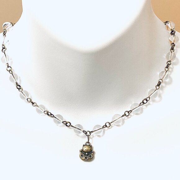 Genuine Clear Quartz Short Necklace, Cute Bronze Fortune Cat + Natural Gemstone - Picture 2 of 16